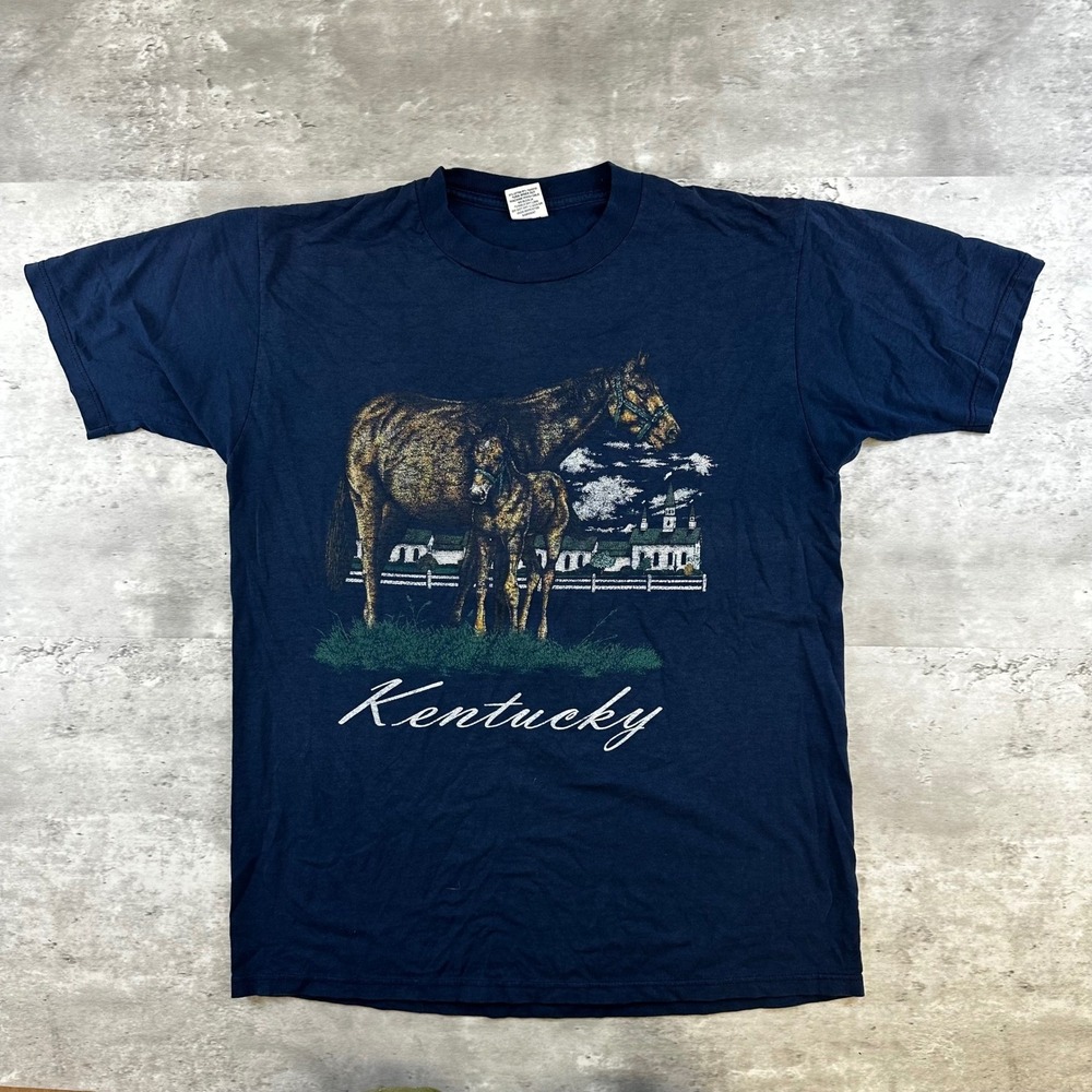 Vintage Cotton Grove Kentucky Horse Graphic T-Shirt Navy Blue Mens Large USA